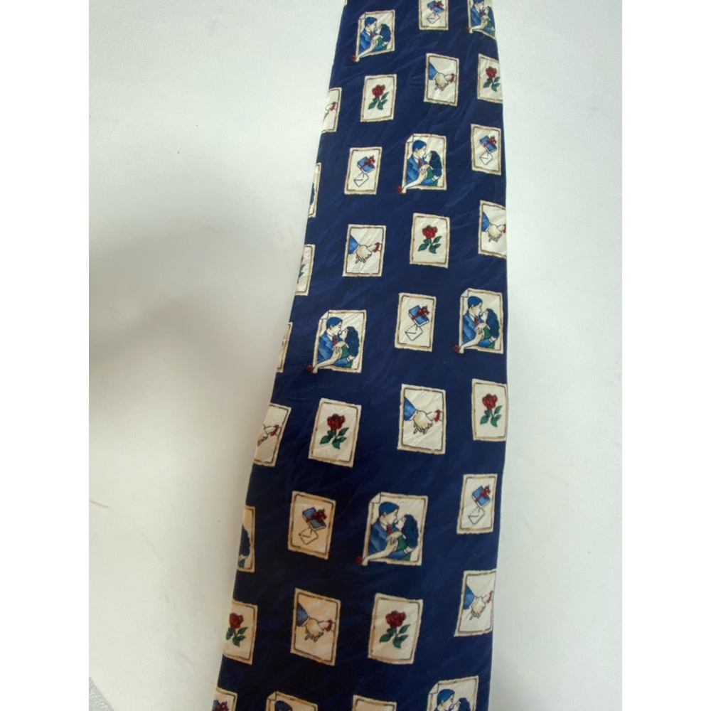 Barbara Blank Neck Tie Mens OS Blue Stamps Vintage 100% Silk Handmade Love Roses
